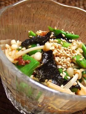 モロッコインゲンとエノキの海苔豆板醤あえ