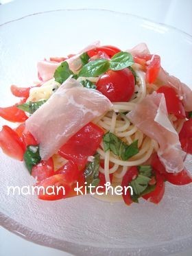 トマト♡生ハム♡バジルの冷製パスタ