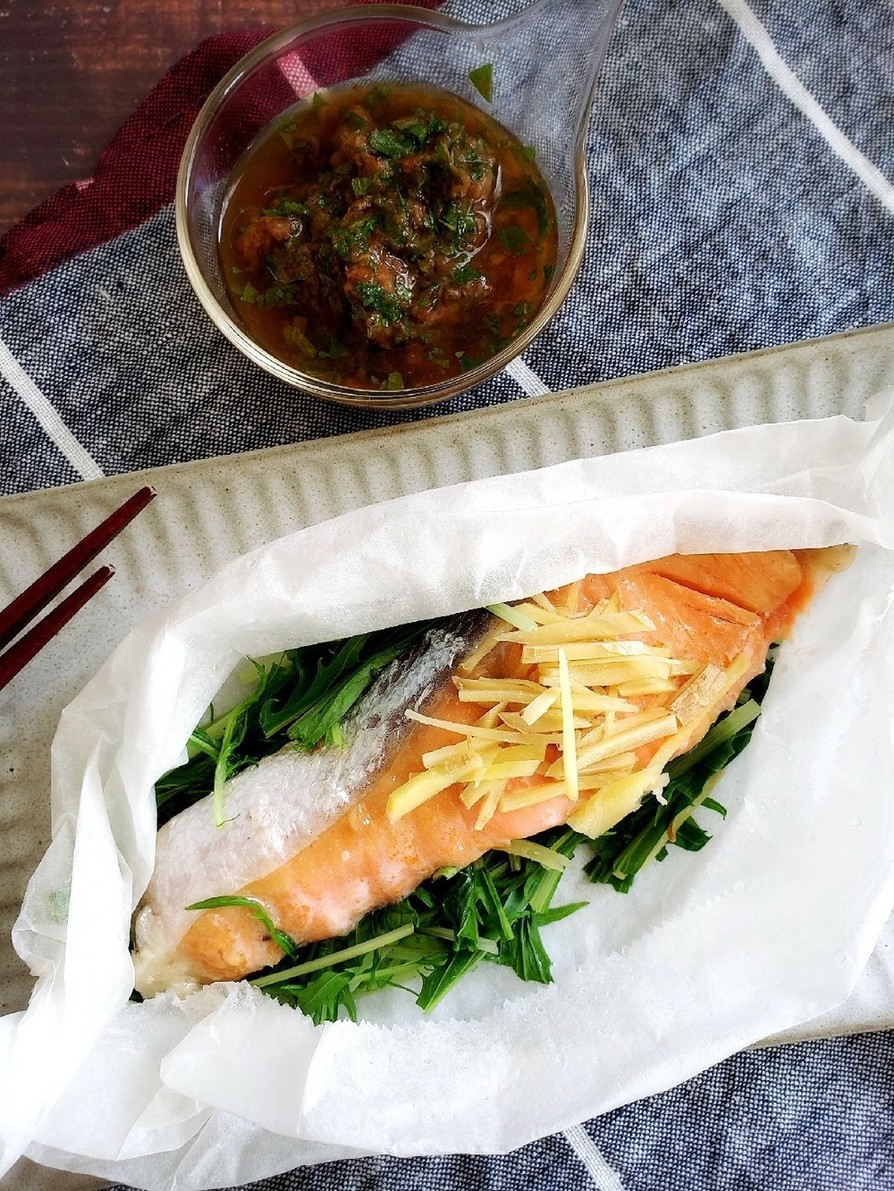 レンジで！鮭と水菜のさっぱりレンチン蒸しの画像