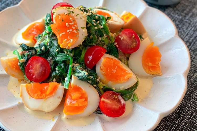 簡単 ほうれん草と味玉のごまマヨ合え レシピ 作り方 By ケイチェル クックパッド 簡単おいしいみんなのレシピが359万品