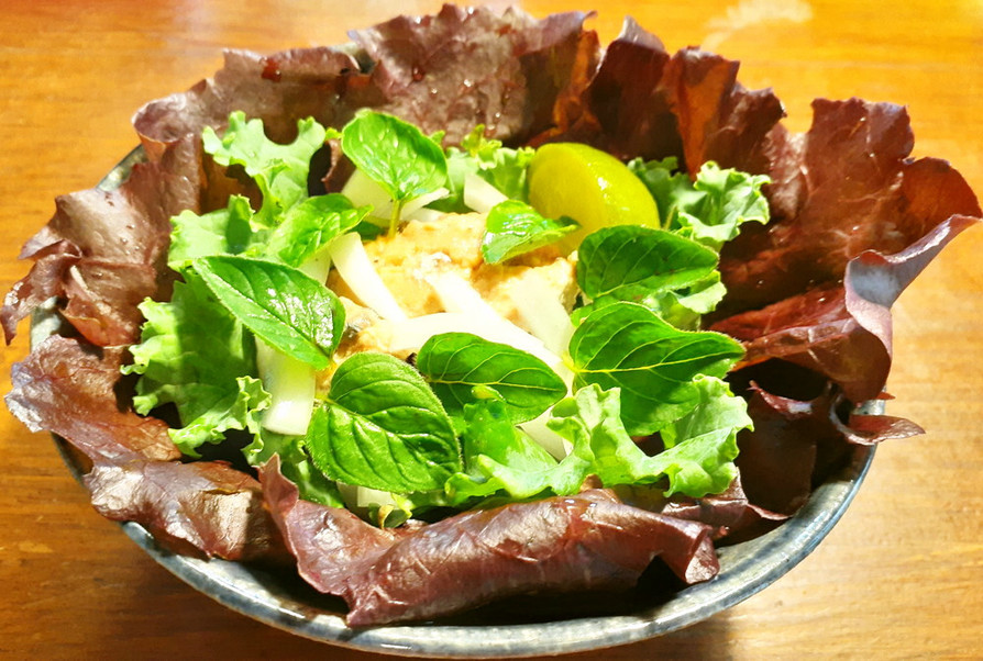 鯖水煮缶、新玉葱、オレガノの葉のサラダの画像