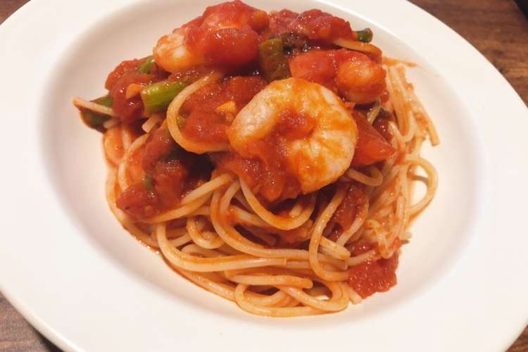 アスパラとエビのトマトソースパスタ レシピ 作り方 By クックm3euo7 クックパッド