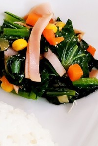 小松菜とハムと彩り野菜のバター醤油炒め