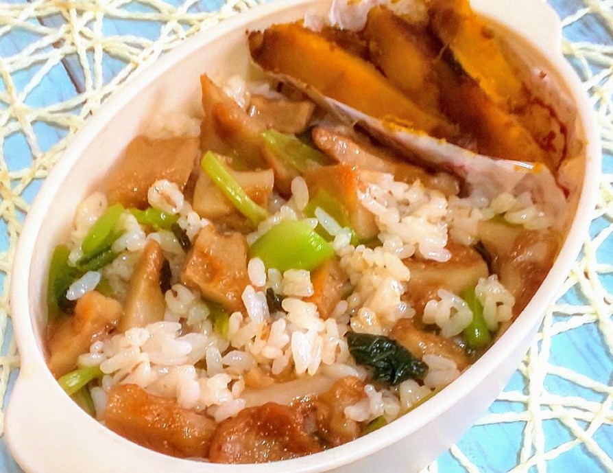 小松菜と蓮根天のおかか混ぜご飯の画像