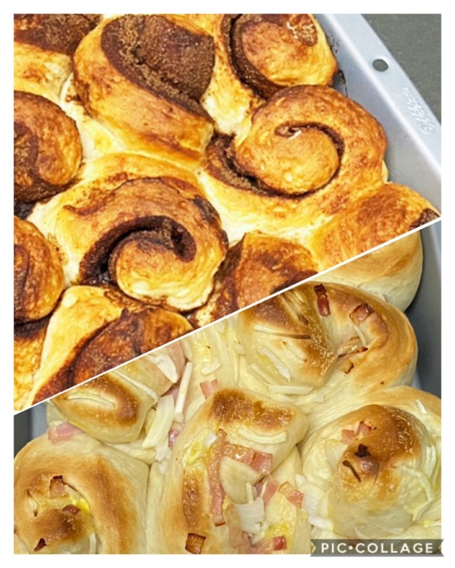 シナモンロールと惣菜パン、ジャムパンもの画像
