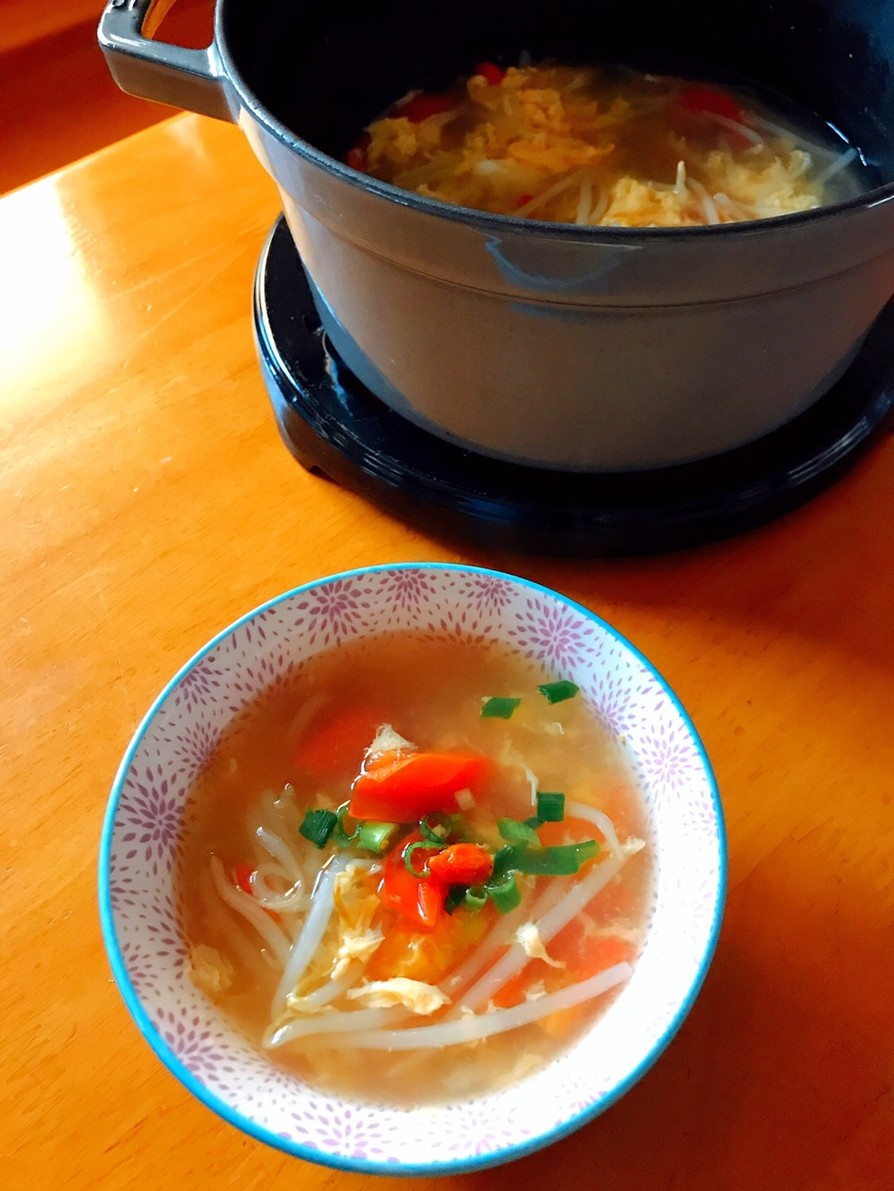 簡単薬膳！緑豆もやしとトマトの生姜スープの画像