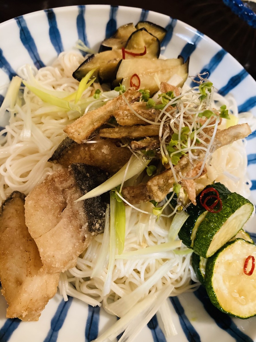 サクじゅわ〜☆夏野菜&魚揚ヘルシー素麺♪の画像