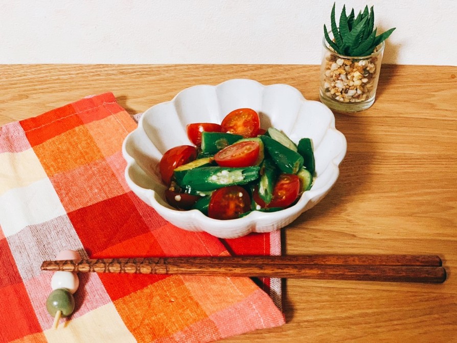オクラ、プチトマト、きゅうりの麺つゆ和えの画像