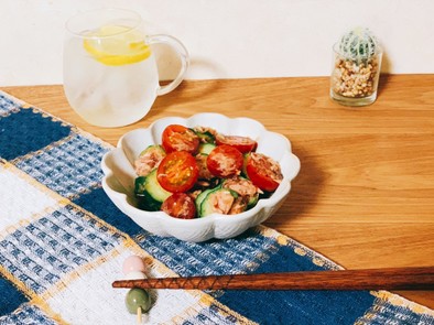プチトマトときゅうりとツナの麺つゆサラダの写真