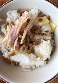納豆とミョウガの酢漬けのご飯