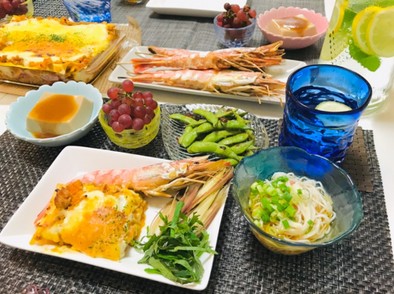 夏レシピ夕飯献立・素麺・ラザニア・エビの写真