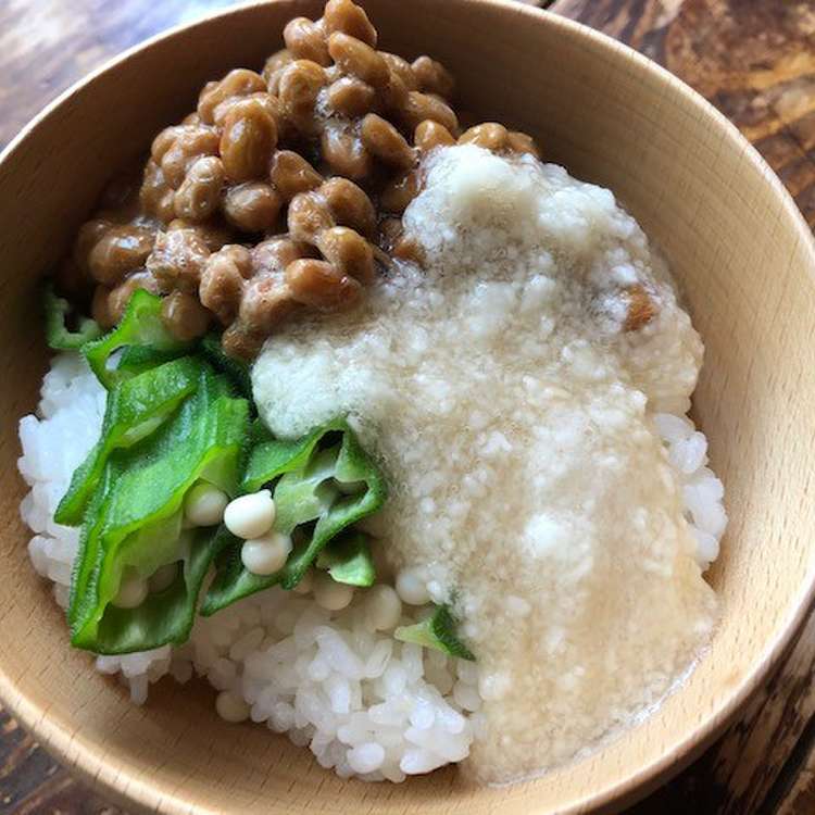 ネバネバ三色丼（納豆・オクラ・トロロ） レシピ・作り方 by まめ  