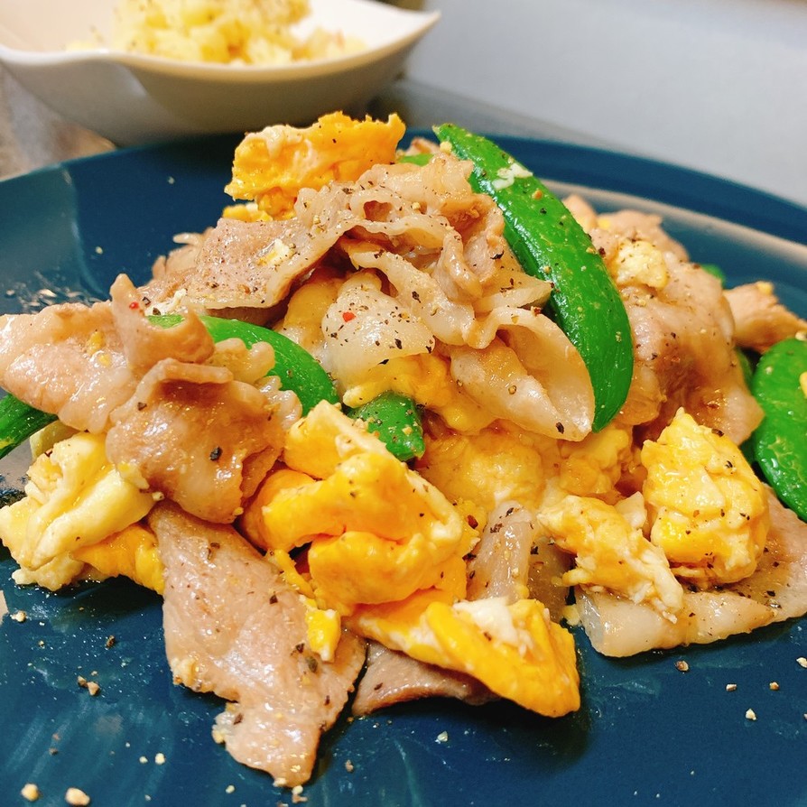 スナップエンドウと卵のオイマヨ豚肉炒めの画像