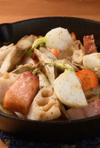 根菜とブロックベーコンのオーブン焼き