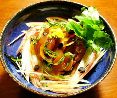 鰺の漬け丼～お茶漬け　発酵玉葱＆浜納豆の写真