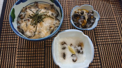 ナマコのやまかけ丼と酢のものの写真