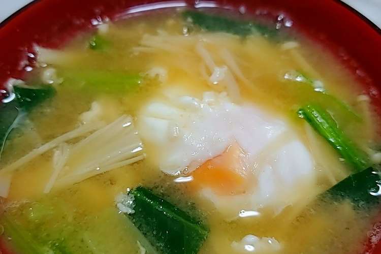 小松菜とエノキの卵落とし味噌汁 レシピ 作り方 By じゅん たま クックパッド