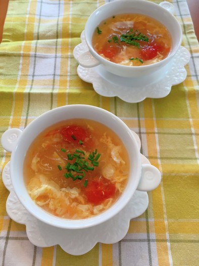 ふんわり卵の冷凍ミニトマト&春雨スープの写真