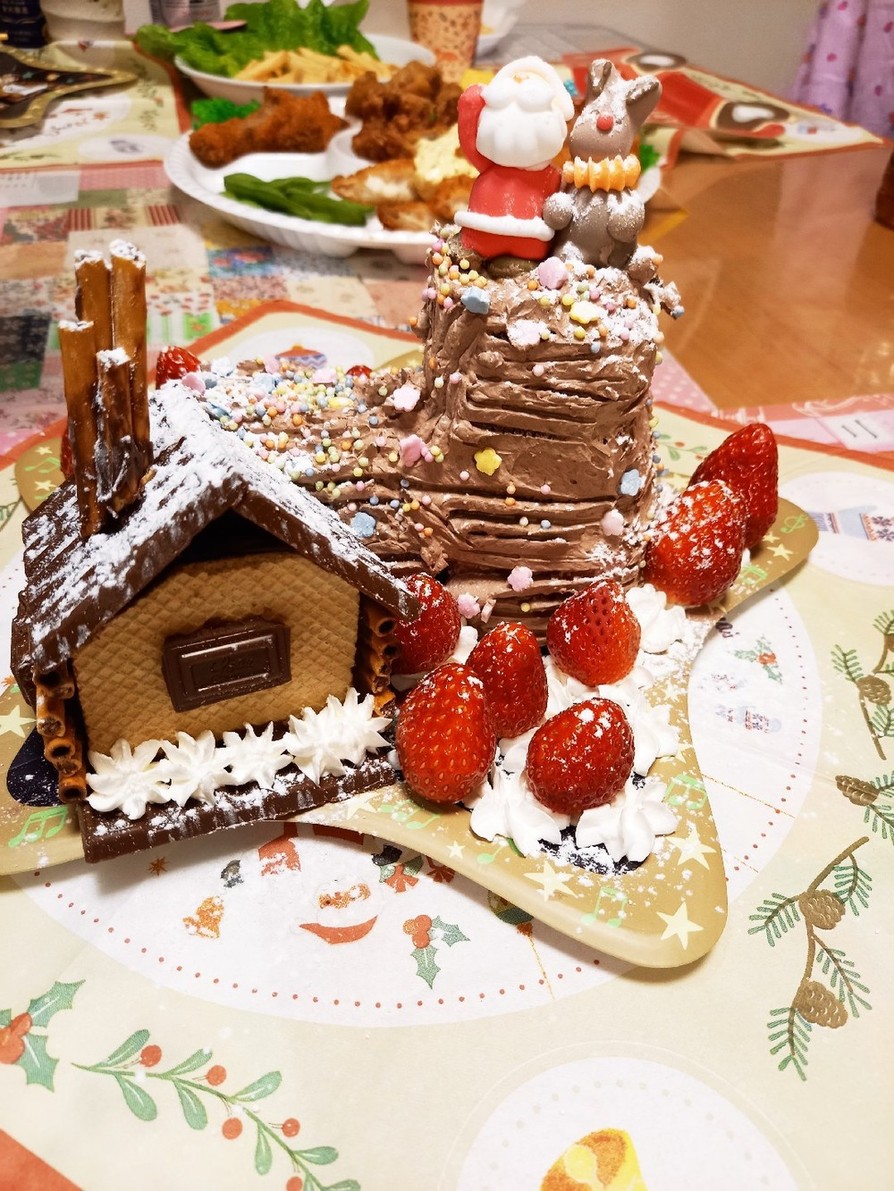 簡単、クリスマスケーキとお菓子の家の画像
