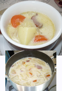 ハーフアンドハーフで合鴨と野菜スープ