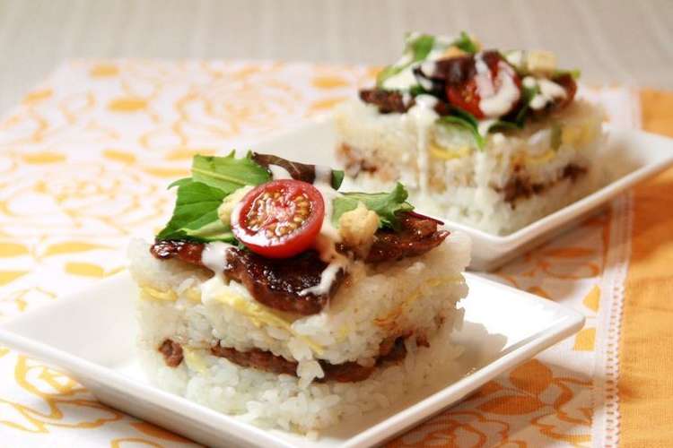 牛乳パックで簡単 焼肉ケーキ風ちらし寿司 レシピ 作り方 By 日本ピュアフード クックパッド 簡単おいしいみんなのレシピが350万品