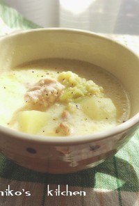 鶏肉カリフラワーの豆乳味噌スープ