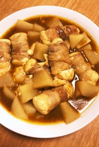 豆腐の豚バラ巻きと大根のスープカレー