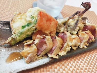 キジバトの天ぷら　天つゆソースかけの写真