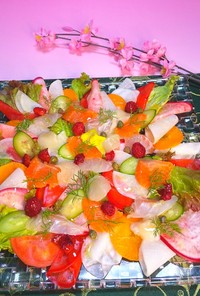 根菜と鯛、サーモン、ホタテのカルパッチョ