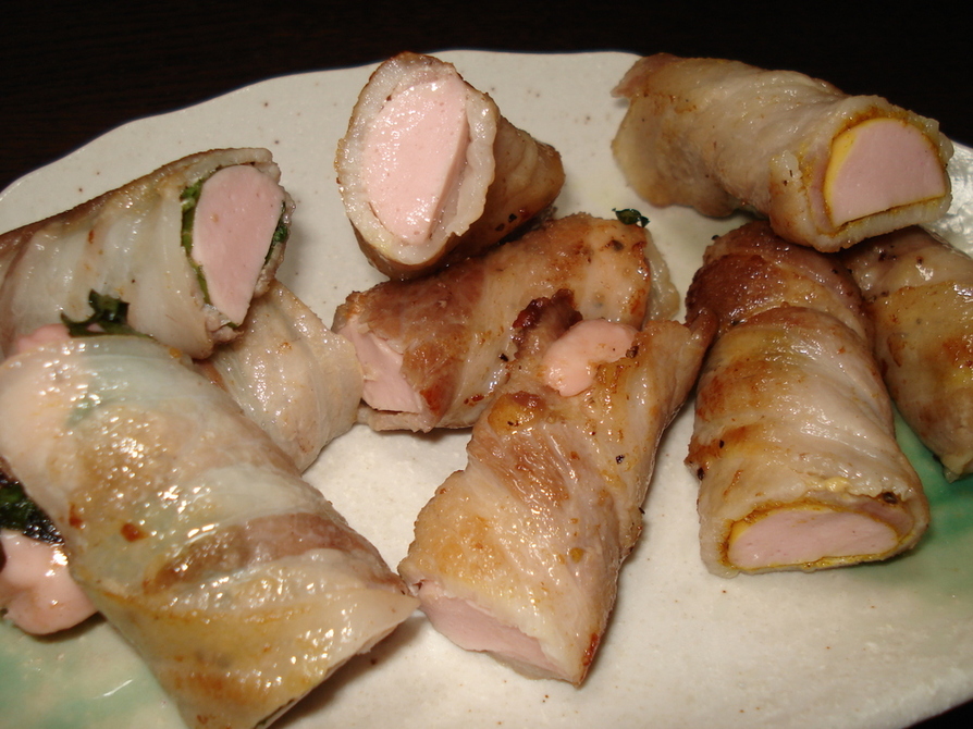 簡単！３つの味の豚バラ魚肉ソーセージ巻きの画像