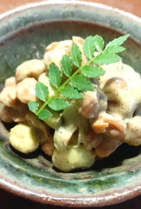 青大豆の納豆木の芽ソース穴開きレンゲ使用