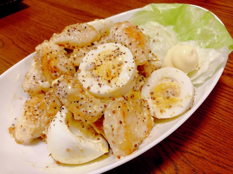 【簡単】鶏むね肉と茹で卵のマスタード和えの画像