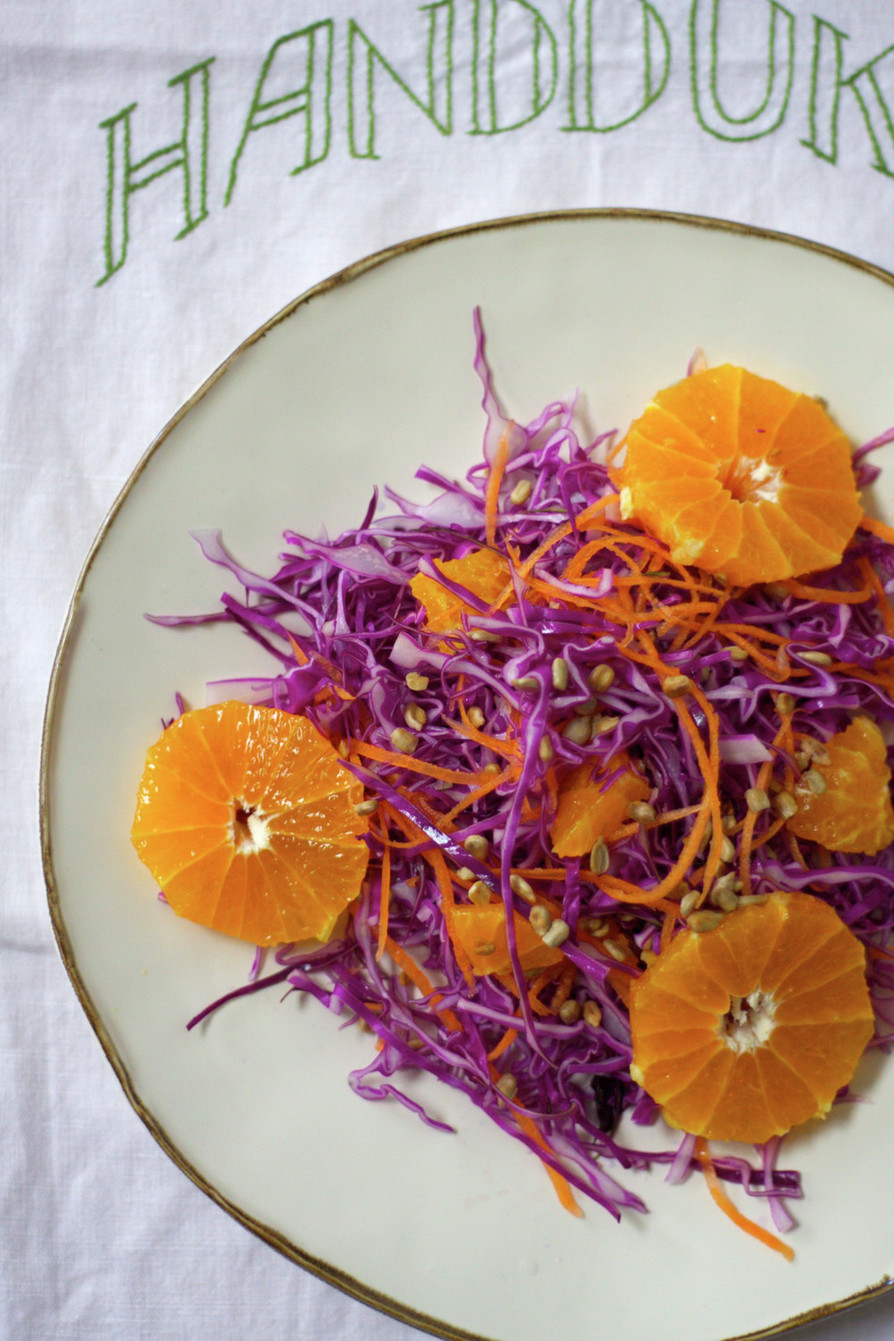 紫キャベツとオレンジのカラフルサラダの画像
