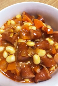 大豆とソーセージの腸活トマトスープ