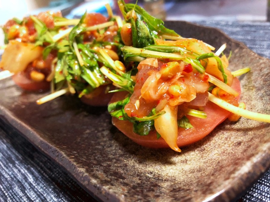 まぐキム納豆水菜のトマトボードの画像