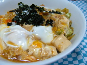 簡単!月末どんぶり☆天キャべ豆腐卵とじ丼