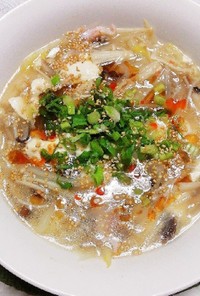 レンチンで簡単　きのこと豆腐のスープ