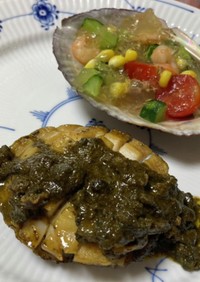 鮑ステーキ☆海老と野菜のコンソメジュレ添