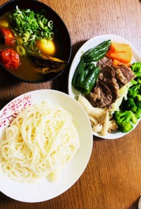 カレー素麺と蒸し野菜