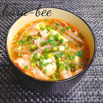豚こまともやしの中華風辛味噌スープ の写真