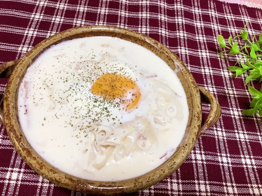 レンコンとベーコンの温玉クリームスープの画像