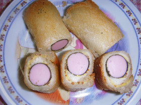 食パンで魚肉ソーセージロール