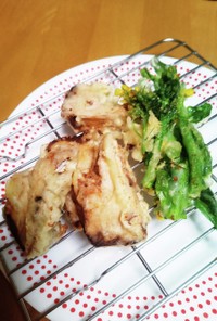 カツオのたたきとアスパラ菜の天ぷら