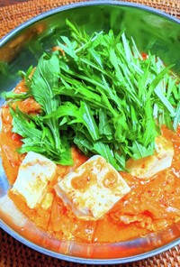 豆富と水菜のオートミールキムチ雑炊