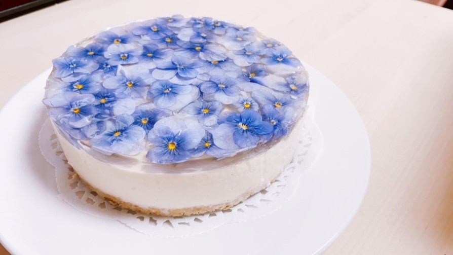 エディブルフラワーの低糖レアチーズケーキの画像
