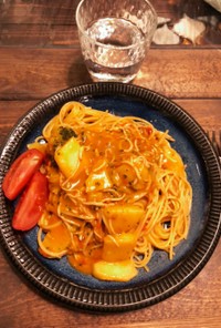 簡単　カニのトマトクリームスパゲティ