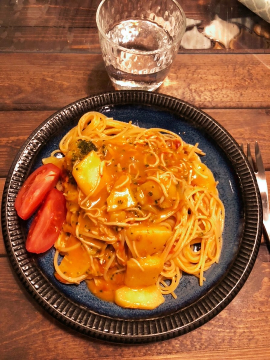 簡単　カニのトマトクリームスパゲティの画像
