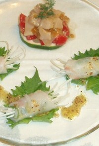 前菜～ホタテのウニ仕立て鯛のカルパッチョ