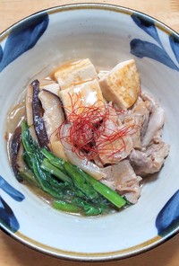 豚ロース肉と豆腐と小松菜のピリ辛甘酢炒め
