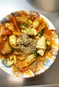 レンジ肉無豆腐ヤンニョムチキン味野菜炒め